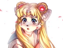  1girl animal_ear_fluff animal_ears animal_nose artist_name bishoujo_senshi_sailor_moon blonde_hair blue_eyes blue_sailor_collar body_fur choker circlet derivative_work double_bun earrings furrification furry furry_female hair_bun hair_intakes hair_ornament heart heart_choker highres jewelry long_hair looking_afar meme open_mouth raised_inner_eyebrows red_choker sailor_collar sailor_moon sailor_moon_redraw_challenge_(meme) school_uniform screenshot_redraw serafuku shirt sidelocks signature simple_background solo spuydjeks sweat tsukino_usagi twintails upper_body white_background white_fur white_shirt 