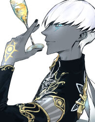  1boy absurdres alcohol black_nails blue_eyes closed_mouth colored_skin commentary_request cup dark-skinned_male dark_skin drinking_glass facial_mark fate/grand_order fate_(series) from_side grey_skin hand_tattoo highres holding holding_cup indra_(fate) kokowashadowmidori lightning_bolt_facial_mark lightning_bolt_symbol long_sleeves looking_at_viewer male_focus nail_polish profile short_hair simple_background smile solo tattoo upper_body white_background white_hair 