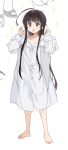  1girl ahoge barefoot black_eyes black_hair blush borrowed_character full_body genderswap genderswap_(mtf) huge_ahoge long_hair naked_shirt open_mouth original oversized_clothes seicoh shirt sketch solo sparkle surprised sweat sweating_profusely very_long_hair white_shirt 