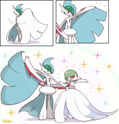  1boy 1girl arm_blade artist_name bob_cut cape commentary_request dress elbow_gloves gallade gardevoir gloves green_hair highres mega_gallade mega_gardevoir mega_pokemon monya multiple_views open_mouth pink_eyes pokemon pokemon_(creature) smile weapon white_dress white_gloves 