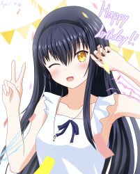  1230_mochi 1girl :d ;d absurdres alternate_costume bare_shoulders birthday black_hair black_hairband blush collarbone commentary_request confetti dated dress frilled_dress frills hair_between_eyes hairband hands_up happy happy_birthday highres jewelry key key_necklace kushima_kamome long_hair looking_at_viewer necklace one_eye_closed open_mouth sidelocks sleeveless sleeveless_dress smile solo straight_hair summer_pockets sundress upper_body v very_long_hair white_dress yellow_eyes 