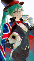 1girl 2026_fifa_world_cup absurdres aqua_eyes aqua_hair ball bow bowtie cape chromatic_aberration commentary cup english_miku formal_clothes gloves hat hatsune_miku highres holding holding_ball holding_cup karachiiy long_hair looking_at_viewer red_bow red_bowtie shirt smile soccer_ball solo suit teacup top_hat tuxedo twintails union_jack untranslatable_commentary very_long_hair vocaloid white_background white_gloves white_shirt world_cup worldwide_miku 