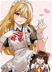  2girls absurdres alternate_costume apron ascot black_dress bow bowtie brown_hair commentary detached_sleeves dress enmaided frilled_bow frilled_hair_tubes frills hair_bow hair_tubes hakurei_reimu heart heart-shaped_eyes highres kirisame_marisa long_hair loose_bowtie maid maid_apron maid_headdress multiple_girls pink_background puffy_short_sleeves puffy_sleeves red_bow red_bowtie ribbon-trimmed_sleeves ribbon_trim short_sleeves temmie_(temi_maru) touhou white_apron white_wrist_cuffs wrist_cuffs yellow_ascot yuri 