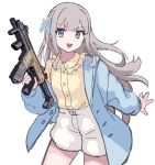 1girl :d blue_eyes blue_jacket blush braid brown_shirt collared_shirt commentary_request dress_shirt frilled_shirt_collar frills grey_hair gun highres holding holding_gun holding_weapon jacket long_hair long_sleeves looking_at_viewer open_clothes open_jacket original puffy_long_sleeves puffy_sleeves r-97_smg shirt short_shorts shorts simple_background smile solo t-naka-s-12 teeth titanfall_2 upper_teeth_only very_long_hair weapon white_background white_shorts