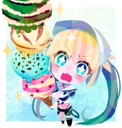  +_+ 1girl artoria_caster_(fate) artoria_caster_(swimsuit_berserker)_(first_ascension)_(fate) artoria_pendragon_(fate) asymmetrical_clothes asymmetrical_legwear blonde_hair blue_eyes blush breasts chibi commentary_request fate/grand_order fate_(series) food green_eyes hat highres holding holding_food holding_ice_cream_cone ice_cream ice_cream_cone long_hair looking_at_viewer multiple_scoops navel no_lineart open_mouth sharp_teeth shorts shrug_(clothing) single_pantsleg solo sparkle sparkling_eyes star_(symbol) swimsuit teeth too_many too_many_scoops twintails waniyama1993 