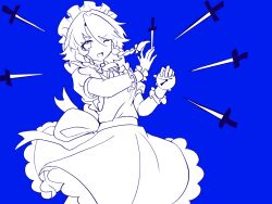  1girl apron between_fingers bow braid chinese_commentary commentary_request cyclic5286 dress frilled_dress frilled_wrist_cuffs frills greyscale_with_colored_background hair_bow highres holding holding_knife holding_pocket_watch izayoi_sakuya knife knives_between_fingers long_hair looking_at_viewer maid maid_headdress one_eye_closed open_mouth pocket_watch puffy_short_sleeves puffy_sleeves short_sleeves smile solo touhou twin_braids waist_apron watch wrist_cuffs 