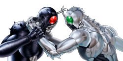  2girls absurdres antennae armor black_armor bug clenched_hand commentary elbow_spikes english_commentary facing_another from_side gido_(hinchel_or) green_eyes hands_up highres holding_another's_wrist identical_genderswap kamen_rider kamen_rider_black kamen_rider_black_sun kamen_rider_black_sun_(series) kamen_rider_shadow_moon multiple_girls red_eyes shoulder_spikes silver_armor simple_background spiked_armor spikes white_background 