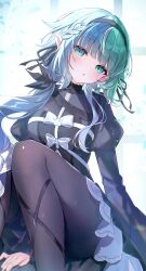  1girl absurdres aqua_eyes between_legs black_dress black_nails black_pantyhose black_ribbon blue_eyes blush bow breasts commentary_request dress feet_out_of_frame fingernails green_hair hair_ribbon hand_between_own_legs hand_on_ground head_tilt highres large_breasts looking_at_viewer multicolored_hair pantyhose pointy_ears ribbon sitting solo tennensui_(midorinokaibutu4500) two-tone_hair white_bow white_dress 
