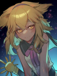  1girl blonde_hair blush breasts closed_mouth collared_shirt commentary_request earmuffs hair_between_eyes highres looking_at_viewer maesakichitose medium_hair neck_ribbon one-hour_drawing_challenge pointy_hair purple_ribbon ribbon sheath sheathed shirt sleeveless sleeveless_shirt small_breasts smile solo sword touhou toyosatomimi_no_miko weapon yellow_eyes yellow_shirt 