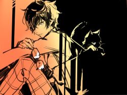  1boy amamiya_ren cat commentary glasses holding holding_removed_eyewear kuroko_mikura looking_at_viewer male_focus monochrome morgana_(cat)_(persona_5) morgana_(persona_5) parted_lips persona persona_5 sitting sketch untranslatable_commentary unworn_eyewear 
