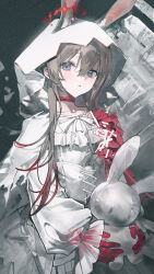  1girl absurdres ajirui amiya_(arknights) amiya_(medic)_(arknights) amiya_(medic)_(the_unbounded_folio)_(arknights) animal_ear_fluff animal_ears arknights brown_hair cape collarbone colored_extremities colored_tips corset cowboy_shot cross-laced_clothes cross-laced_corset crown dress ears_through_hood floating_crown frilled_sleeves frills grey_eyes hair_between_eyes harper's_bazaar highres holding holding_stuffed_toy hood hood_up hooded_cape infection_monitor_(arknights) long_sleeves looking_at_viewer multicolored_hair official_alternate_costume parted_lips puffy_long_sleeves puffy_sleeves rabbit_ears rabbit_girl red_hair red_hands solo stuffed_animal stuffed_rabbit stuffed_toy white_cape white_corset white_dress 