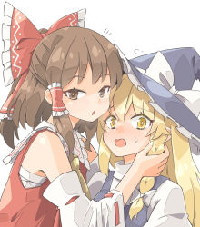  2girls arnest ascot black_hat black_vest blonde_hair blush bow braid brown_eyes brown_hair commentary_request detached_sleeves embarrassed frilled_bow frilled_hair_tubes frills hair_bow hair_tubes hakurei_reimu hat hat_bow height_difference highres imminent_kiss kirisame_marisa long_hair looking_at_viewer multiple_girls pov red_bow ribbon-trimmed_sleeves ribbon_trim side_braid single_braid third_wheel touhou vest white_bow witch_hat yellow_ascot yellow_eyes yuri 