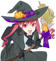  1girl ascot ayasaki_remi black_gloves broom earrings gloves hagiwara_daisuke halloween_costume hat holding holding_broom hori-san_to_miyamura-kun jewelry long_hair long_sleeves looking_at_viewer open_mouth pink_eyes pink_hair solo twintails witch witch_hat 