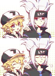 2boys aotu_world black_gloves black_shirt blonde_hair blue_eyes blush_stickers chinese_commentary clenched_hand closed_eyes closed_mouth collared_shirt colored_lineart commentary_request fang fingerless_gloves gloves grey_(aotu_world) hair_between_eyes hand_on_another's_shoulder happy_aura highres jacket king_(aotu_world) male_focus multiple_boys open_mouth pale_skin pointy_ears popped_collar shirt short_hair shu6850580 sigh single_blush_sticker skin_fang smile white_hair white_jacket 