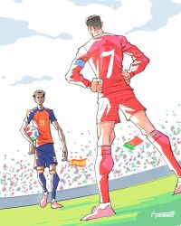  2026_fifa_world_cup 2boys artist_name artsbynonso back ball commentary cristiano_ronaldo hairband hands_on_own_hips highres holding holding_ball lamine_yamal male_focus multiple_boys outdoors portuguese_flag portuguese_national_soccer_team_uniform real_life soccer_uniform spanish_flag spanish_national_soccer_team_uniform sportswear trionda undercut untranslatable_commentary world_cup 