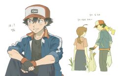  1boy 1girl aged_up ahoge ash_ketchum bag black_gloves black_hair brown_eyes brown_hair delia_ketchum fingerless_gloves gloves holding holding_bag jungeol_(p_oxo7) korean_text mother_and_child mother_and_son on_shoulder parent_and_child pikachu pokemon pokemon_(anime) pokemon_(creature) pokemon_on_shoulder ponytail smile translation_request 