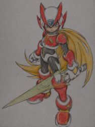  armor armored_boots bikini_armor black_bodysuit blonde_hair blue_eyes bodysuit boots breastplate colored_pencil_(medium) energy_sword forehead_jewel gloves green_sword helmet highres holding holding_sword holding_weapon jeweled_helmet knee_boots long_hair looking_at_viewer mega_man_(series) mega_man_x_(series) mega_man_zero_(series) photo_(medium) red_armor red_helmet serious shoulder_armor simple_background sword traditional_media two-tone_helmet very_long_hair weapon white_background white_gloves white_helmet zero_(mega_man) 