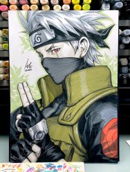  1boy armor art_tools_in_frame black_mask commentary english_commentary fingerless_gloves gloves green_armor hatake_kakashi highres holding holding_kunai holding_weapon kunai looking_at_viewer male_focus marker_(medium) mask mouth_mask naruto_(series) ninja ninja_mask one_eye_closed photo_(medium) red_eyes scar scar_across_eye scar_on_face signature solo stanley_lau traditional_media upper_body weapon 