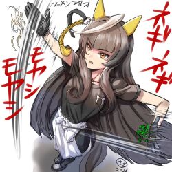  1girl ahoge animal_ears apron black_hair black_pants black_shirt blunt_bangs breasts calstone_light_o_(umamusume) collarbone commentary_request ear_covers funaya_sakichi hime_cut horse_ears horse_girl horse_tail long_hair motion_blur multicolored_hair official_alternate_costume open_mouth pants shirt shoes short_sleeves solo streaked_hair tail umamusume waist_apron white_apron white_hair yellow_eyes 