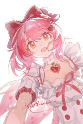  1girl :d ahoge bow cape character_request checkered_bow checkered_clothes chinese_commentary collar commentary copyright_request dated detached_collar dl_fengyu dress frilled_collar frills hair_bow hair_ornament heart heart_hair_ornament heart_necklace highres jewelry looking_at_viewer magical_girl necklace open_mouth pink_cape pink_hair red_bow short_hair short_sleeves signature simple_background smile solo upper_body white_background white_dress yellow_eyes 