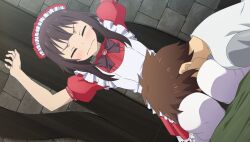  1boy 1girl apron arms_up bow bowtie brooch brown_bow brown_bowtie brown_hair closed_eyes closed_mouth dutch_angle enmaided frilled_apron frilled_skirt frills game_asset gem grey_sleeves high_collar highres indoors jewelry kono_subarashii_sekai_ni_shukufuku_wo! kono_subarashii_sekai_ni_shukufuku_wo!_kono_yokubukai_game_ni_shinpan_o! lap_pillow maid maid_apron maid_headdress megumin non-web_source official_art on_bed pink_gem puffy_short_sleeves puffy_sleeves red_shirt red_skirt ribbon-trimmed_sleeves ribbon_trim satou_kazuma seiza self-datamine shirt short_hair short_hair_with_long_locks short_sleeves sitting skirt stone_wall v-shaped_eyebrows wavy_mouth white_apron white_shirt 