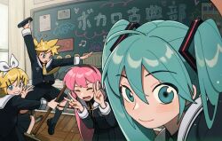  aqua_eyes aqua_hair black_serafuku board_eraser carol_cao chalkboard classroom cleaning closed_mouth double_v group_picture hair_between_eyes hair_ornament hatsune_miku highres holding holding_mop kagamine_len kagamine_rin looking_at_viewer megurine_luka mop multiple_girls posing reaching reaching_towards_viewer sailor_collar school school_uniform selfie serafuku smile taking_picture twintails v vocaloid 