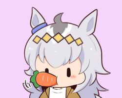  1girl ahoge animal_ears blue_ribbon blush brown_jacket carrot chibi chibi_only commentary_request ear_ribbon food_in_mouth gomashio_(goma_feet) grey_hair horse_ears horse_girl jacket long_hair mouth_hold oguri_cap_(umamusume) open_clothes open_jacket pink_background ribbon shirt simple_background solo umamusume upper_body white_shirt |_| 
