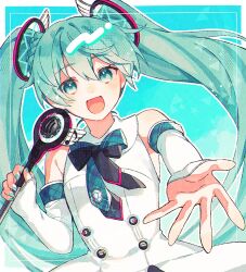  1girl :d aqua_background aqua_eyes aqua_hair aqua_nails aqua_necktie bare_shoulders black_bow black_bowtie blush border bow bowtie cowboy_shot detached_sleeves dress hair_between_eyes hair_ornament hatsune_miku holding holding_microphone holding_wand inset_border long_hair looking_at_viewer magical_mirai_(vocaloid) magical_mirai_miku magical_mirai_miku_(2017) microphone microphone_wand mizunidoufu necktie open_mouth outside_border outstretched_arm plaid_clothes plaid_necktie reaching reaching_towards_viewer sleeveless sleeveless_dress sleeves_past_wrists smile solo twintails very_long_hair vocaloid wand white_border white_dress 