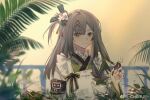  1girl apron armband brown_hair cheyue fern frilled_apron frills girls&#039;_frontline_neural_cloud girls_frontline green_eyes green_kimono hair_ornament highres holding japanese_clothes kimono light_smile long_hair looking_at_viewer outdoors pruning_shears sakuya_(girls&#039;_frontline_nc) solo upper_body weibo_username 