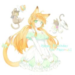  1girl ahoge animal_ears arknights bare_shoulders blush braid cat cat_ears cat_girl cat_tail character_name dress extra_ears green_dress happy_birthday highres long_hair off-shoulder_dress off_shoulder orange_hair papyrus_(arknights) pepe_(arknights) rainsakura0929 simple_background smile tail twintails very_long_hair white_background 