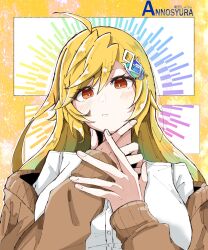  1girl absurdres ahoge anno_syura blonde_hair breasts brown_cardigan cardigan cardigan_partially_removed character_name closed_mouth commentary_request dragon_musume_ni_naritakunai! duel_masters hair_ornament highres large_breasts long_hair orange_eyes shirt solo tomin_(tomin0222) upper_body white_shirt 