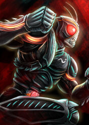  1boy absurdres antennae black_bodysuit black_helmet bodysuit bug century_king_sun_driver clenched_hand commentary_request compound_eyes from_side glowing glowing_eyes grasshopper helmet highres kai_hadaly kamen_rider kamen_rider_black_sun kamen_rider_black_sun_(series) profile red_eyes rider_belt solo tokusatsu 