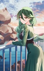  1girl absurdres braid breasts cheryl_(pokemon) closed_mouth clouds cloudy_sky commentary_request eyelashes green_eyes green_hair hair_between_eyes hair_over_shoulder highres long_hair long_hair_between_eyes long_skirt long_sleeves outdoors pokemon pokemon_diamond/pearl/platinum single_braid skirt sky smile solo upper_body zakimpo 