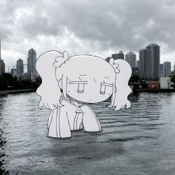  1girl building city commentary_request day echize_n greyscale_with_colored_background highres jacket original outdoors overcast partially_submerged photo_background sky skyscraper solo twintails water zipper_pull_tab 