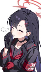  1girl absurdres armband black_choker black_gloves black_hair black_sailor_collar black_wings blue_archive blush cellphone choker closed_eyes commentary gloves hair_ornament hairclip halo hand_up highres holding holding_phone ichika_(blue_archive) long_hair long_sleeves neckerchief phone red_armband red_halo red_neckerchief safety_pin sailor_collar school_uniform serafuku shanqianqian_377 simple_background smartphone smile solo speech_bubble talking_on_phone upper_body white_background wings 