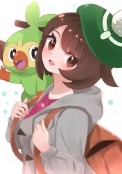  1girl :d absurdres backpack bag brown_bag brown_eyes brown_hair buttons cardigan commentary_request dress eyelashes from_side gloria_(pokemon) green_hat grey_cardigan grookey happy hat highres holding_strap hood hood_down hooded_cardigan on_shoulder open_mouth pokemon pokemon_(creature) pokemon_on_shoulder pokemon_sword_and_shield short_hair smile tam_o'_shanter teeth upper_body upper_teeth_only white_background yamasaki_(saakithtr) 