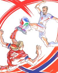  2026_fifa_world_cup 2boys artsbynonso ball beard blonde_hair commentary english_flag erling_haaland facial_hair harry_kane highres male_focus multiple_boys norwegian_flag norwegian_national_soccer_team_uniform ponytail real_life red_socks short_hair shorts soccer_ball soccer_uniform socks sportswear untranslatable_commentary white_socks world_cup 
