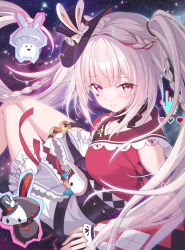  1girl animal_ears black_hat blue_outline braid breasts closed_mouth clothing_cutout commentary_request fake_animal_ears feet_out_of_frame frilled_skirt frills grey_hair hand_cursor hat heart honkai:_star_rail honkai_(series) long_hair long_sleeves medium_breasts multicolored_hair outline pink_outline pixelated rabbit_ears red_hair red_sailor_collar red_shirt sailor_collar shirakawako shirt shoulder_cutout skirt sleeves_past_wrists smile solo space sparkle_(honkai:_star_rail) sparxie_(honkai:_star_rail) star_(symbol) streaked_hair tilted_headwear twintails very_long_hair violet_eyes white_skirt 