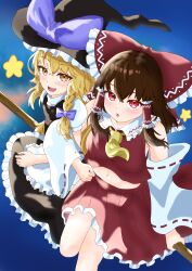  2girls absurdres apron ascot black_hat black_skirt black_vest blonde_hair blush bow braid broom broom_riding brown_hair commentary_request detached_sleeves frilled_bow frilled_hair_tubes frills hair_bow hair_tubes hakurei_reimu hat hat_bow highres kennsei66 kirisame_marisa locked_arms long_hair looking_at_viewer multiple_girls multiple_riders open_mouth purple_bow red_bow red_eyes red_skirt ribbon-trimmed_sleeves ribbon_trim side_braid single_braid skirt skirt_set smile star_(symbol) touhou vest waist_apron white_apron white_bow witch_hat yellow_ascot yellow_eyes yuri 
