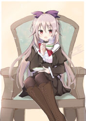  1girl :d aoi_tori_(purple_software) black_choker black_jacket black_pantyhose black_skirt blush boots bow bowtie brown_boots chair choker commentary_request cup feet_out_of_frame frilled_sleeves frills grey_hair hair_between_eyes hair_bow hand_up highres holding holding_cup holding_plate jacket lace-up_boots long_hair long_sleeves looking_at_viewer mary_harker on_chair open_mouth outline pantyhose plate pointy_ears purple_bow red_bow red_bowtie red_eyes school_uniform sidelocks signature simple_background sitting skirt slit_pupils smile solo sparkle steam tea teacup usetsusakon2 very_long_hair white_outline wide_sleeves yellow_background 