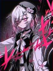  1girl belt beret black_choker black_coat black_hat bug butterfly center_frills choker closed_mouth coat collared_coat commentary_request flower flower-trimmed_sleeves frills gradient_hair hair_flower hair_ornament hat hat_flower hat_ribbon highres long_sleeves looking_at_viewer mahou_shoujo_no_majo_saiban multicolored_hair neck_ribbon otomebakudan pink_eyes pink_hair red_butterfly ribbon sakuraba_ema shirt short_hair skeletal_wings sleeveless sleeveless_coat solo spoilers white_flower white_hair white_ribbon white_shirt white_sleeves wings witch_(manosaba) x_hair_ornament 