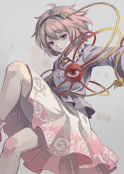  1girl absurdres ahoge blue_shirt breasts buttons closed_mouth collared_shirt commentary_request disembodied_linked_eye feet_out_of_frame floating_clothes floral_print flying frills grey_background hair_between_eyes hair_ornament hairband hand_up heart heart_button heart_hair_ornament highres komeiji_satori leaf_print long_sleeves looking_at_viewer medium_breasts medium_skirt pink_hair pink_skirt purple_hairband red_eyes red_shoes rose_print shirt shoes short_hair simple_background skirt socks solo touhou user_ardu5834 violet_eyes white_socks wide_sleeves 