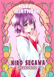  1girl balloon character_name dated green_eyes happy_birthday highres japanese_clothes kakkou_no_iinazuke looking_at_viewer miko open_mouth purple_hair segawa_hiro solo upper_body yoshikawa_miki 