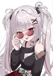  1girl black_choker black_nails black_shirt braid choker collarbone commentary_request fang highres honkai:_star_rail honkai_(series) long_hair long_sleeves looking_at_viewer multicolored_hair nail_polish official_alternate_costume oimo_imonium open_mouth pink_eyes red-tinted_eyewear red_skirt red_streaks shirt simple_background skin_fang skirt solo sparkle_(honkai:_star_rail) sparxie_(candy-coated_waves)_(honkai:_star_rail) sparxie_(honkai:_star_rail) streaked_hair tinted_eyewear tongue tongue_out twintails two-tone_hair white_background white_hair zipper_pull_tab 