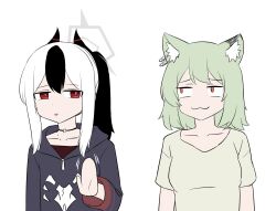  2girls animal_ear_fluff animal_ears black_choker black_hair black_hoodie black_horns blue_archive cat_ears cat_girl choker collarbone crossover demon_horns green_hair grey_halo hair_between_eyes halo highres hood hood_down hoodie horns kayoko_(blue_archive) long_sleeves looking_at_viewer multicolored_hair multiple_girls red_eyes shirt short_hair threeboon two-tone_hair white_hair white_shirt yani_neko yani_neko_(yani_neko) 