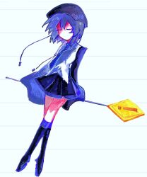  1girl beret black_boots black_hat black_skirt boots cable chicken_salad_(8ntasjmpkm90039) closed_eyes commentary crossed_legs full_body hat highres knee_boots miniskirt road_sign short_hair sign skirt solo untranslatable_commentary utane_uta utau white_background 