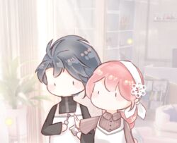  aeon_(shining_nikki) applying_another's_manicure apron black_shirt blue_hair bottle bow braid brown_shirt buttons chinese_commentary collared_shirt commentary_request cosmetics couch day downturned_eyes dress expressionless gameplay_mechanics hair_bow hair_ornament hairband holding holding_bottle holding_nail_polish_brush indoors interruption_(echo-023) light_rays long_hair long_sleeves looking_at_another looking_at_hands messy_hair nail_polish nail_polish_bottle nail_polish_brush nikki_(nikki) nikki_(series) outstretched_hand photo_background pinafore_dress pink_hair pinstripe_pattern pinstripe_shirt plant potted_plant purple_nails salon shining_nikki shirt short_hair single_braid sleeveless sleeveless_dress snowflake_hair_ornament turtleneck turtleneck_shirt very_long_hair white_apron white_bow white_dress white_hairband zipper 