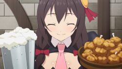  1girl alcohol beer beer_mug black_shirt blush bow breasts brick_wall brown_hair chicken_(food) cleavage_cutout closed_eyes closed_mouth clothing_cutout collared_shirt cup food fried_chicken game_asset hair_bow highres holding holding_plate indoors kono_subarashii_sekai_ni_shukufuku_wo! kono_subarashii_sekai_ni_shukufuku_wo!_kono_yokubukai_game_ni_shinpan_o! large_breasts low_twintails mug necktie non-web_source official_art pink_necktie plate portrait puffy_sleeves red_bow self-datamine shirt smile solo standing twintails yunyun_(konosuba) 