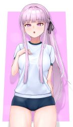  1girl black_ribbon braid breasts buruma commentary_request cowboy_shot danganronpa:_trigger_happy_havoc danganronpa_(series) gloves gym_shirt gym_uniform hair_ribbon highres kirigiri_kyoko long_hair looking_at_viewer meipasuye open_mouth pink_background ribbon shirt short_sleeves simple_background solo violet_eyes white_background white_shirt 