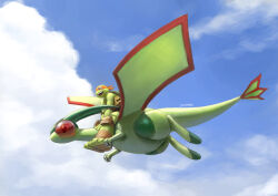  1boy blue_sky colored_skin commentary_request crossover dojo_tmnt east-west_crossover flygon green_skin green_wings highres korean_commentary michelangelo_(tmnt) open_mouth pokemon pokemon_(creature) riding riding_pokemon sky tail teenage_mutant_ninja_turtles teenage_mutant_ninja_turtles_(2012) wings 